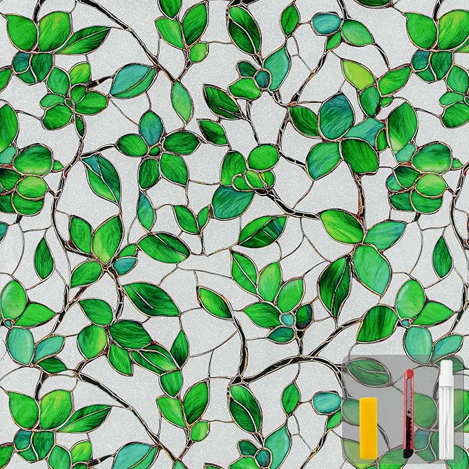 Window Privacy Film Stained Glass Window Film Frosted Window Film Window clings Non-Adhesive Reusable Decorative for Home Removable(Green Frosted, 35.4 X 78.7 in)