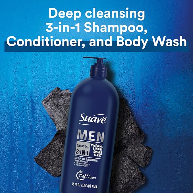 Suave Men Shampoo Conditioner Bodywash 3 in 1 Charcoal &Warm Ginger to Cleanse and Nourish Hair and Skin, 40 oz Pack of 3