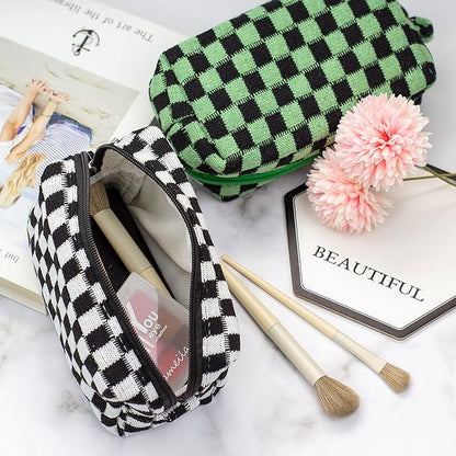 PAZIMIIK Checkered Makeup Bag for Purse Portable Zipper Make Up Pouch Small Cosmetic Case for Travel Accessories (Black)