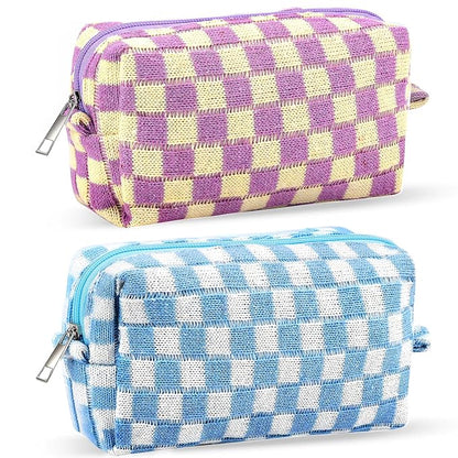 ZLFSRQ 2Pcs Checkered Pencil Case Cute Pencil Pouch for Teens Checkered Makeup Bag Medium Travel Cosmetic Bag Preppy Makeup Pouch for Purse Aesthetic Zipper Toiletry Bags Organizer(Blue/Purple)