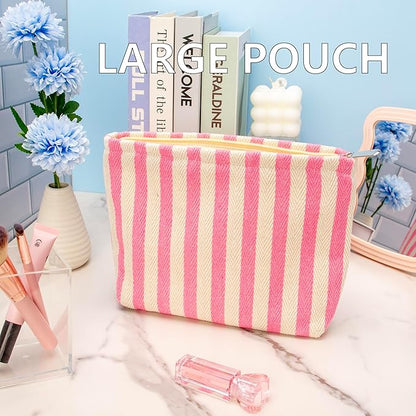 Makeup Bag Large Cotton Zipper Pouch for Purse Travel Canvas Make Up Organizer for Women Cosmetic,Stripe Pink