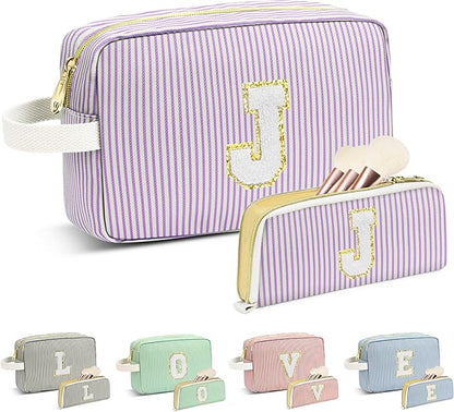 Travel Makeup Bag Christmas Gifts for Women Girl Teens, Personalized Initial Makeup Bag for Cute Teen Girls, Preppy Stuff Toiletry Bag Cosmetic Bag, Teen Girls Gift Trendy Stuff, Letter J