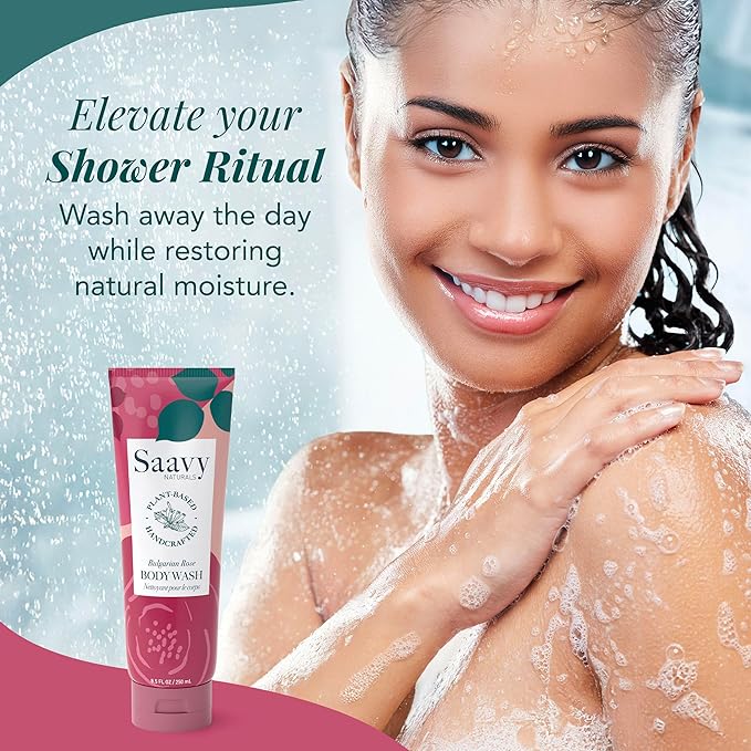 Saavy Naturals Bulgarian Rose Body Wash, Moisturizing Shower Gel for Men & Women, Vegan Formula with Coconut Oil, Shea Butter, and Aloe Vera - 8.5 Fl Oz Made in the USA