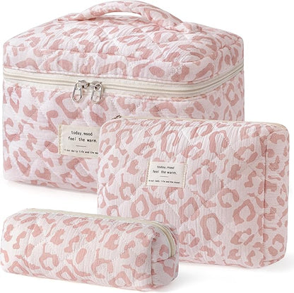 HBselect Quilted Makeup Bag, 3PCS Cotton Large Travel Makeup Bag, Cute Floral Coquette Make up Bag Cosmetic Bag Toiletry Bag for Women Girls