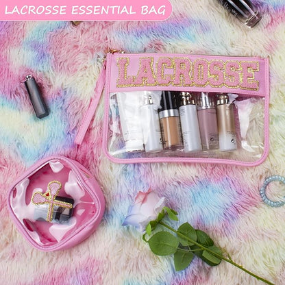 2 Pcs Lacrosse Gifts Makeup Bag with Chenille Letter Patch, Clear Cosmetic Pouch PVC Organizer Purse, Waterproof Travel Bag, Portable Toiletry Storage Bag for Her Girls Friends Women