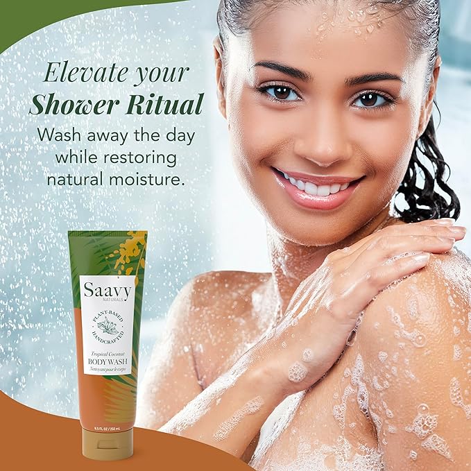 Saavy Naturals Body Wash Tropical Coconut Plant-Based Ingredients| Made In Usa | Sensitive Skin Body Wash, l Organic & Vegan Formula With Coconut Oil, Shea Butter, And Aloe Vera - 8.5 Fl Oz