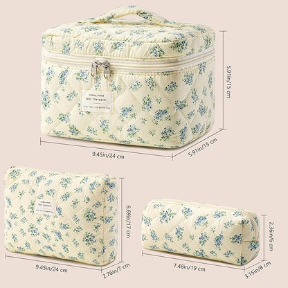 HBselect Quilted Makeup Bag, 3PCS Cotton Large Travel Makeup Bag, Cute Floral Coquette Make up Bag Cosmetic Bag Toiletry Bag for Women Girls