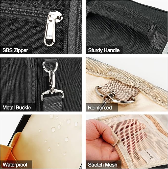 Travel Hanging Toiletry Bag for Women and Men, 6 Organizer Compartments, Holds Full Size Bottles, Extra Large Cosmetic Accessories, Makeup essentials, Bathroom Water-resistant Toiletries Bag, Black