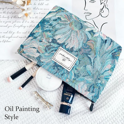 STARDW Aesthetic Floral Makeup Bag Cute Small Cosmetic Bags for Women Girls, Travel Toiletry Bag Large Capacity Zipper Makeup Pouch, Purse Organizer Pouches (Oil Painting Style)
