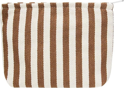 PAZIMIIK Makeup Bag Large Cotton Zipper Pouch for Purse Travel Canvas Make Up Organizer for Women Cosmetic,Stripe Coffee