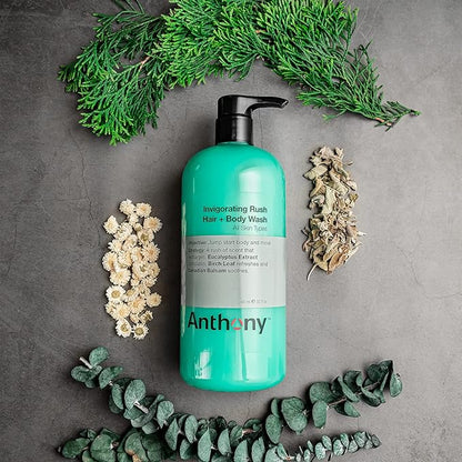 Anthony Mens Body Wash and Shampoo: Invigorating Rush 2-In-1 Liquid Gel Soap & Hair Shampoo, Pine Wood Scent, Hydrating with Eucalyptus, Canadian Balsam, Birch Leaf, Charcoal, Sea Kelp, 32 Fl. Oz