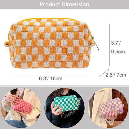 PAZIMIIK Checkered Makeup Bag for Purse Portable Zipper Make Up Pouch Small Cosmetic Case for Travel Accessories (Orange)