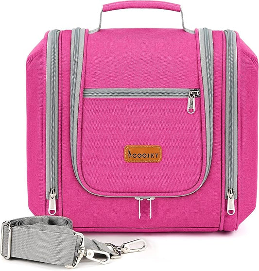 Hanging Travel Toiletry Bag for Women and Men, 6 Organizer Compartments, Extra Large Toiletries Bag, Bathroom Cosmetic Bag, Water-resistant Makeup Bag, Holds Full-Size Shampoo, Rose Red