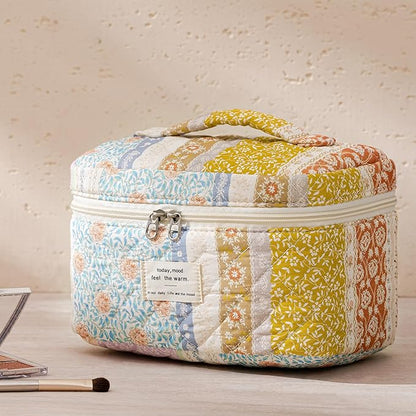 HBselect Quilted Makeup Bag, 3PCS Cotton Large Travel Makeup Bag, Cute Floral Coquette Make up Bag Cosmetic Bag Toiletry Bag for Women Girls
