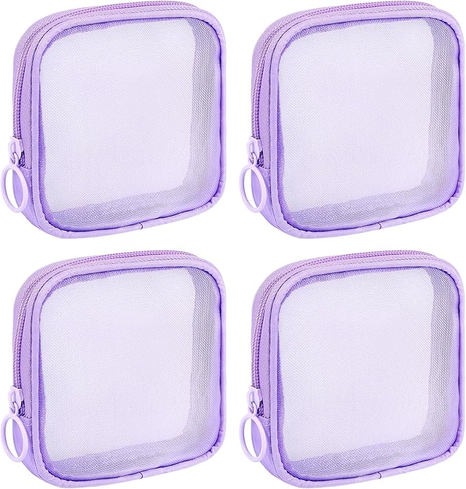 4 Pieces Mini Zipper Nylon Mesh Pouch, Mesh Cosmetic Bags Makeup Bags, Multipurpose Travel Toiletry Bags for Office Supplies and Travel Accessories (Purple, S)
