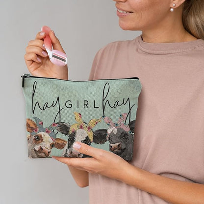 Small Travel Makeup Bag, Mini Cute Cow Print Makeup Bag for Purse, Small Toiletry Bags for Women, Western Gifts for Women, Cow Gifts for Cow Lovers/Cowgirls - Green