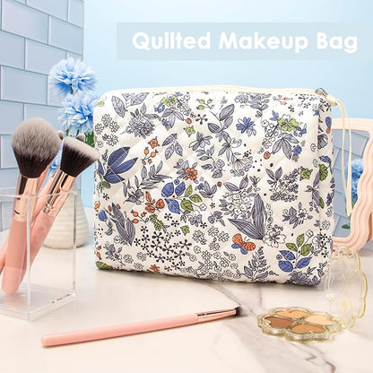 PAZIMIIK Quilted Makeup Bag Large Travel Zipper Soft Cosmetic Pouch for Women Girls Make Up,Leaf White