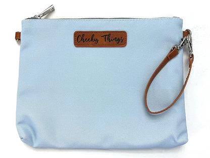 Stylish Diaper Bag Organizing Pouches - XL Set of 4 Light Blue Canvas Diaper Bag Pouches with Leather Embossed Labels, Leather Wristlet Strap & Durable Metal Zippers