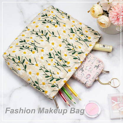 Makeup Bags for Purse Zipper Cosmetic Pouch Large Travel Canvas Make Up Organizer Tool Pouch for Women and Girls,Daisy White