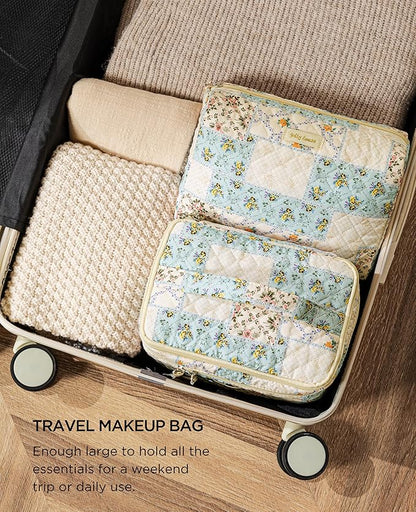 HBselect 2Pcs Travel Makeup Bag, Large Cotton Quilted Makeup Bag Cosmetic Bag Cute Make up Bag Toiletry Bags for Women Girls
