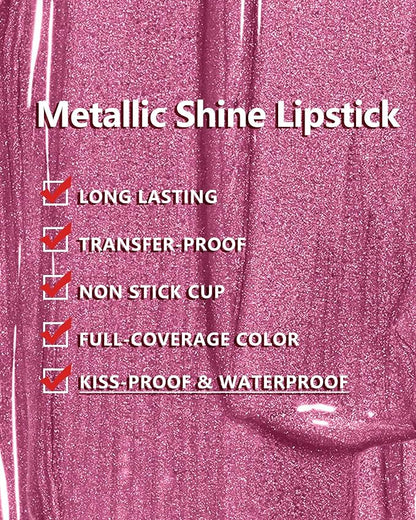 MAKI YIKA 3Pc Metallic Lipstick Long Lasting Pink Brown Nude Glitter Lipsticks High Shine Lipstick No Smudge No Transfer Liquid Lip Gloss (Pink/Nude/Brown)