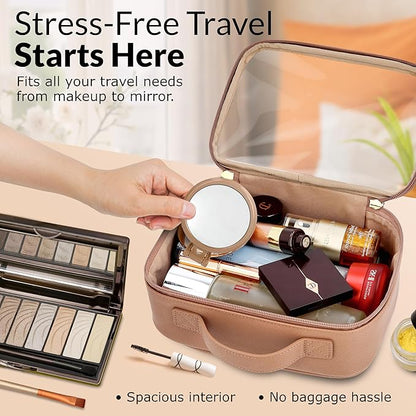 Cosmetic Bag Set - Premium Quality Travel Makeup Bag w/Clear Transparent Front, Best Gift for Travel - 3pcs Gift Set, Large & Small Makeup Bags & Portable Mirror in a Beautiful Gift Box (Nude)