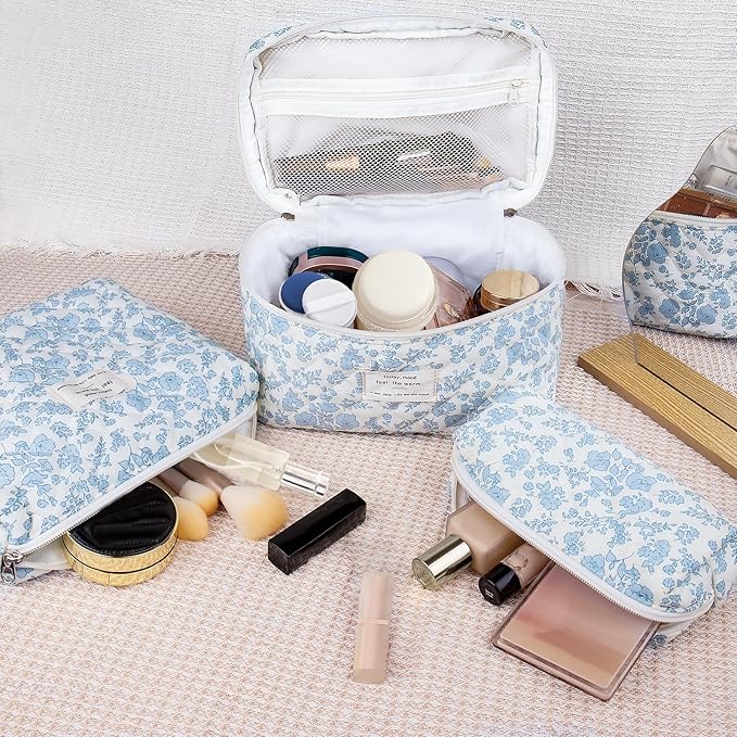 3PC Makeup Bag Set, Quilted Makeup Bag, Large Floral Cosmetic Bag for Women, Cute Cotton Makeup Bags, Flower Travel Toiletry Organizer Bag(Pink Plaid Bow)