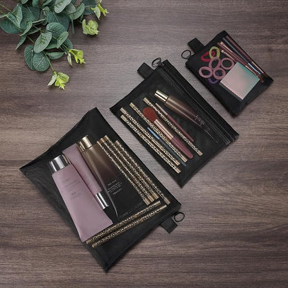 Quotidian Flat Clear Mesh Pencil Pouch Black Makeup Bag with Zipper Cosmetic Organizer 3-Size Pack of 9 - Travel Daily Use Home Storage Office
