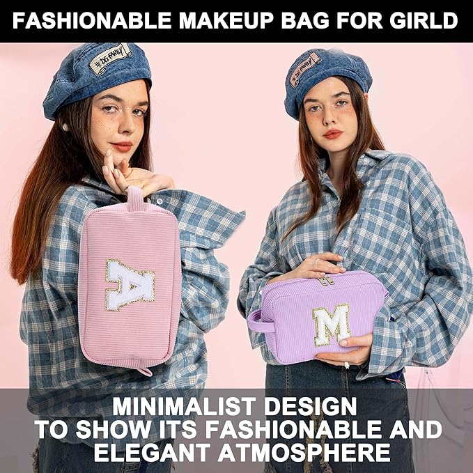 YOOLIFE Girlfriend Gifts Makeup Bags - Initial Makeup Bag Travel Makeup Bag with Zipper Small Makeup Brush Bag Corduroy Makeup Bag Sister Birthday Gifts Bridesmaid Proposal Gifts for Women Letter K