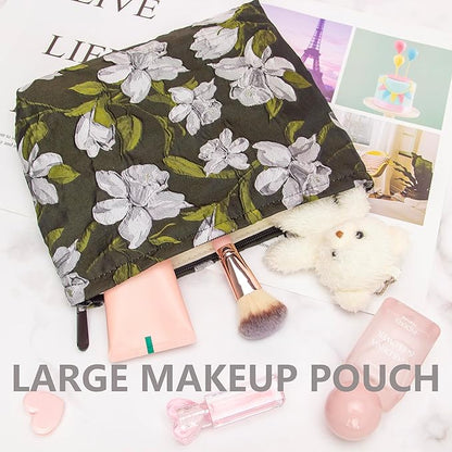 PAZIMIIK Makeup Bag Large Cotton Zipper Pouch for Purse Travel Canvas Make Up Organizer for Women Cosmetic,Brocade Floral Black