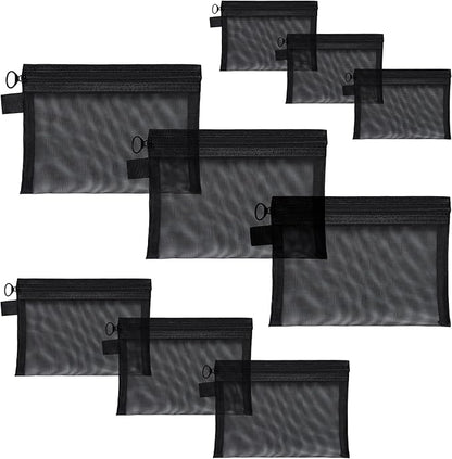 Quotidian Flat Clear Mesh Pencil Pouch Black Makeup Bag with Zipper Cosmetic Organizer 3-Size Pack of 9 - Travel Daily Use Home Storage Office