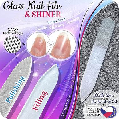 GLADZY Czech Glass Nail File Set - Multifunctional Nail Shiner Buffer, Callus Remover Foot Rasp, Glass Cuticle Pusher Manicure Stick, Etched Surface, Professional Nail Care Tool, Made in EU
