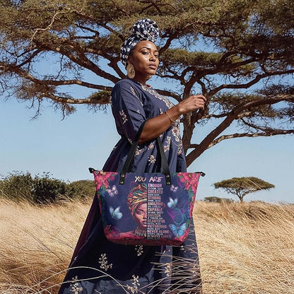 African Black Women's Leather Tote Bag, Large, Premium Vegan Leather, Full Zip, Perfect Christmas Gifts For Women