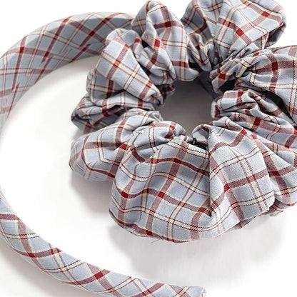 Headband and Scrunchie Set for Women 2Pack Hair Ties for Girls Elastics Bands Ponytail Holder Hair Accessories Red Lattice