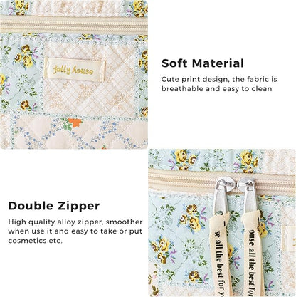 HBselect Quilted Makeup Bag, 3PCS Cotton Large Travel Makeup Bag, Cute Floral Coquette Make up Bag Cosmetic Bag Toiletry Bag for Women Girls