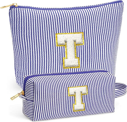 Initial Makeup Bag for Women - Travel Pouch, Portable Cosmetic Bag Make up Kit Pouch | Travel Essentials Cute Makeup Bag Birthday Gifts for Women, Blue Letter T