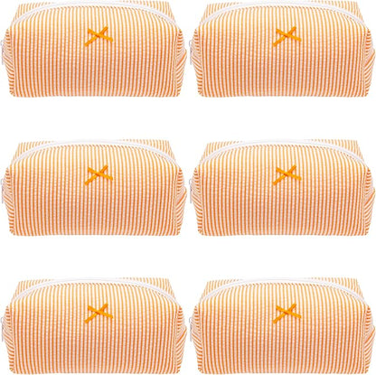 PAZIMIIK 6PCS Cozy Makeup Bag Small Aesthetic Travel Zipper Cosmetic Pouch for Women Make Up Beauty Accessories Brushes, Stripe Orange