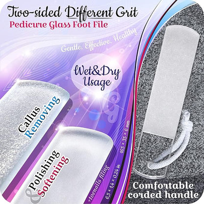 Genuine Czech Glass Nail File Set by GLADZY - Callus Remover Foot Rasp, Cuticle Pusher Manicure Stick, Double Sided Etched Different Grit Surface, Professional Nail Care Tool Kit, Made in EU