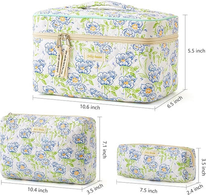 HBselect Quilted Makeup Bag, 3PCS Cotton Large Travel Makeup Bag, Cute Floral Coquette Make up Bag Cosmetic Bag Toiletry Bag for Women Girls