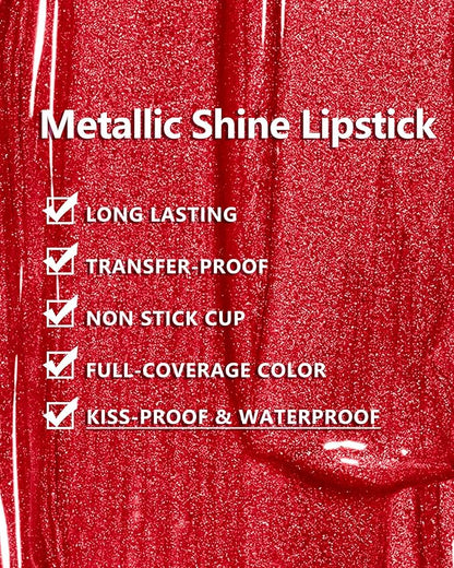 MAKI YIKA 3Pc Metallic Lipstick Long Lasting Pink Brown Red Glitter Lipsticks High Shine Lipstick No Smudge No Transfer Liquid Lip Gloss (Pink/Brown/Red)