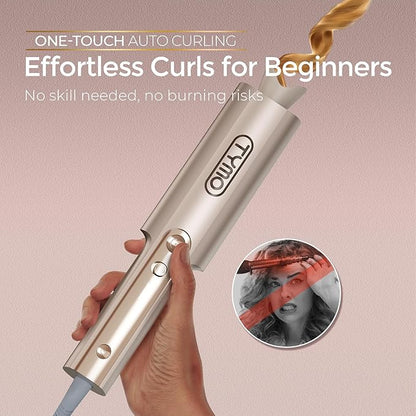Upgraded Automatic Rotating Curling Iron - TYMO CurlPro Plus Long Barrel Curling Wand for Long Hair, Ceramic Hair Curler for Women, Anti-Scald, Tangle-Free, 600M Ionic, Dual Voltage, Gold, 1 Inch