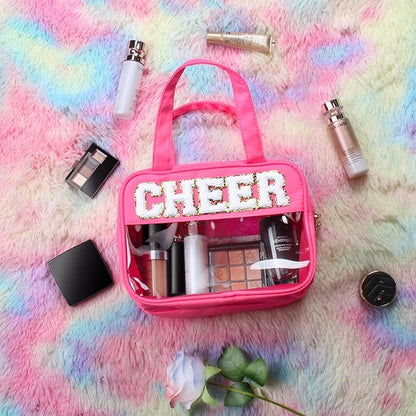 Cheer Chenille Letter Bags Clear Makeup Bag for Travel, Cheerleader Gifts Cosmetic Bag with Handles and Zipper, Nylon & PVC Waterproof Large Cheer Accessories Toiletry Bag for Women