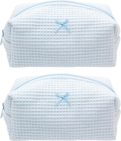 PAZIMIIK 2PCS Cozy Makeup Bag Travel Cosmetic Bag for Women Soft Toiletry Bag Aesthetic Makeup Organizer Portable Large Zipper Pouch for Skincare Beauty Accessories Brushes Waffle Check Blue
