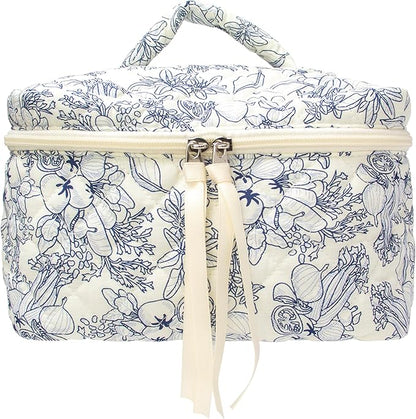 PAZIMIIK Quilted Makeup Bag Large Travel Zipper Soft Cosmetic Case for Women Girls Make Up,Flower White