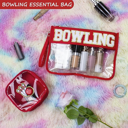 2 Pcs Bowling Gifts Makeup Bag with Chenille Letter Patch, Clear Cosmetic Pouch PVC Organizer Purse, Waterproof Travel Bag, Portable Toiletry Storage Bag for Her Girls Friends Women