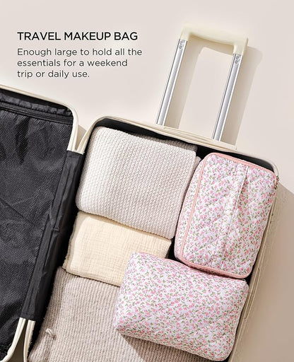 HBselect 2Pcs Travel Makeup Bag, Large Cotton Quilted Makeup Bag Cosmetic Bag Cute Make up Bag Toiletry Bags for Women Girls