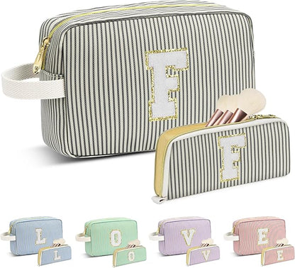 Travel Makeup Bag Christmas Gifts for Women Girl Teens, Personalized Initial Makeup Bag for Cute Teen Girls, Preppy Stuff Toiletry Bag Cosmetic Bag, Teen Girls Gift Trendy Stuff, Letter F