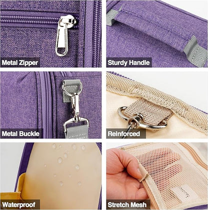 Hanging Travel Toiletry Bag for Women and Men, 6 Organizer Compartments, Large Toiletries essentials, Bathroom Cosmetic Accessories, Water-resistant Makeup Bag, Holds Full-Size Shampoo, Purple