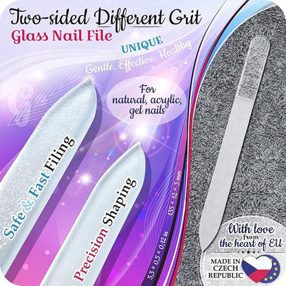 Genuine Czech Glass Nail File Set by GLADZY - Callus Remover Foot Rasp, Cuticle Pusher Manicure Stick, Double Sided Etched Different Grit Surface, Professional Nail Care Tool Kit, Made in EU