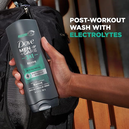 DOVE MEN + CARE Post-Workout Body Wash 3N1 Revive 4 Count For Men With Tea Tree Oil, 18 oz